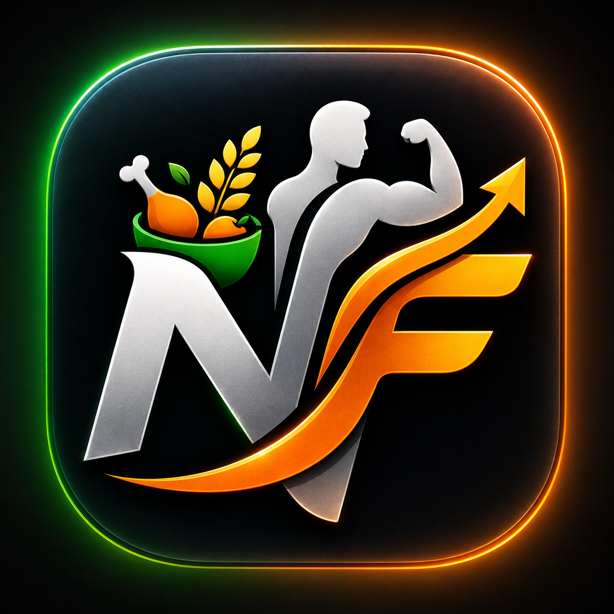 NutriFit logo: NF monogram with a flexing figure and a food bowl